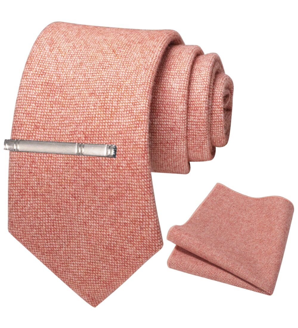 8091 Peach Cashmere Wool Necktie and Pocket Square Tie Clip Sets b